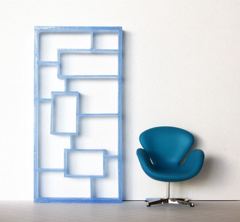 Modern Miniature Dollhouse Bookcase/Room Divider, Translucent Baby Blue Resin