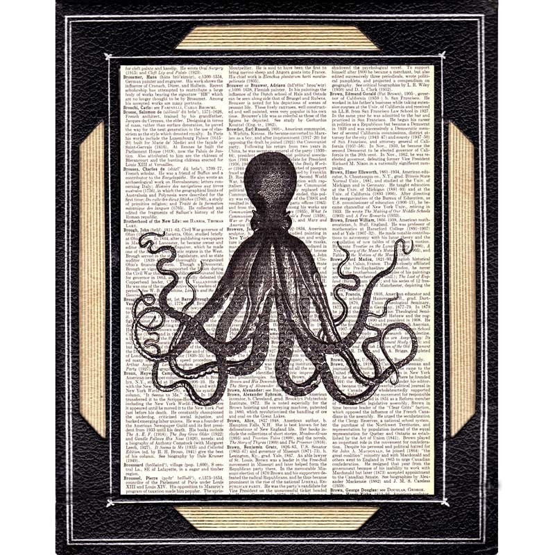 ANTIQUE OCTOPUS art print on recycled vintage dictionary old book text  page, vintage illustration picture, handmade wall decor, vintage print on text page, vintage art on book page, vintage art on text, black and white, octopus 3 unframed print, 8x11