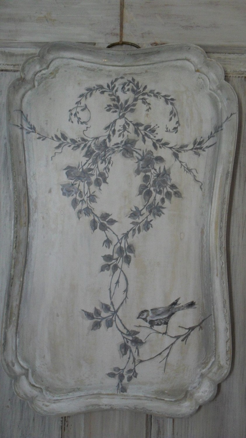 Hand Painted Serving TRAY wall art, French Fresco Bird art chic