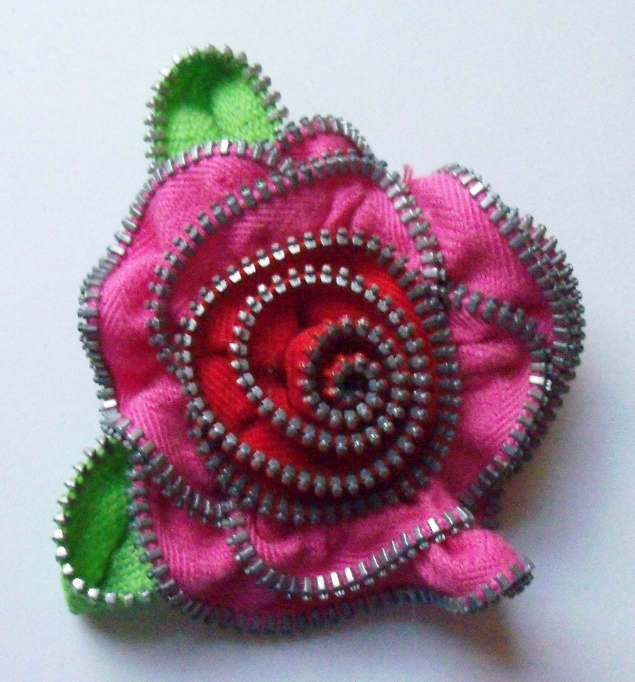 Hot Pink and Red Valentine Rose Floral Brooch / Zipper Pin by ZipPinning 1636