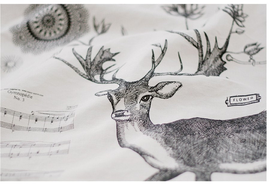 Zakka Retro White Black Woodlands Animal Deer Music Flowers Typo Words Birdcage Cotton Linen Fabric Cloth Panel 58 x 31 Inches