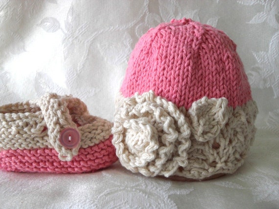 COTTON HAND KNITTED  Pink and Ivory Lace  Cloche with Ivory Rose and Matching Cross-strapped Booties