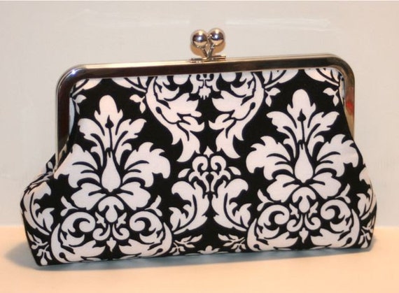 Black and White Damask Large Clutch Purse