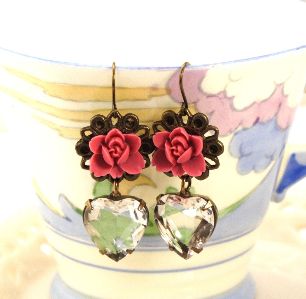 Pomegranate Flower and Vintage Heart Jewel Earrings