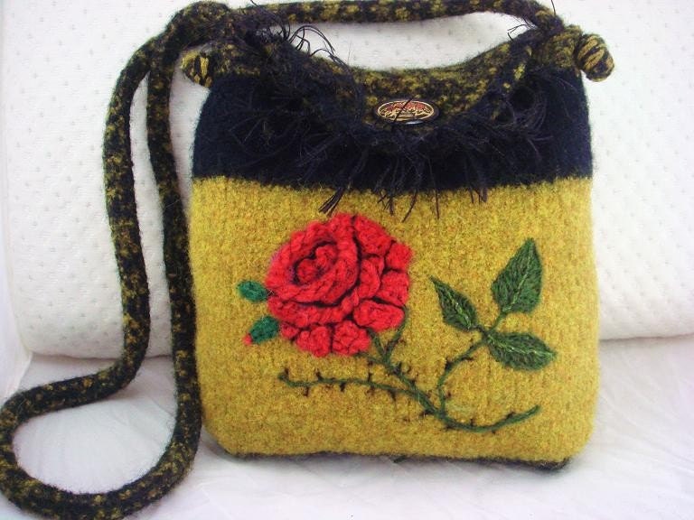 Rose flower gold, black felted purse