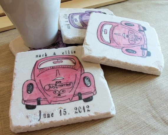 Personalized Love Bug Tile Coasters, Set of 4