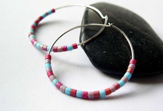 Sterling Silver Hoop Earrings - Red, Pink, Aqua Blue, Matte Glass Seed Beads