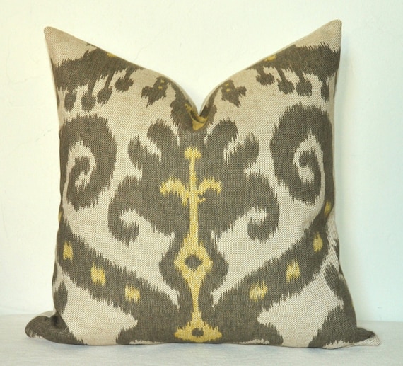 Set of Two - Decorative Pillow Covers - Ikat Print - On BOTH SIDES - 16x16 inches - Yellow - Gray - Neutral - Batik - Throw Pillows - Toss Pillows