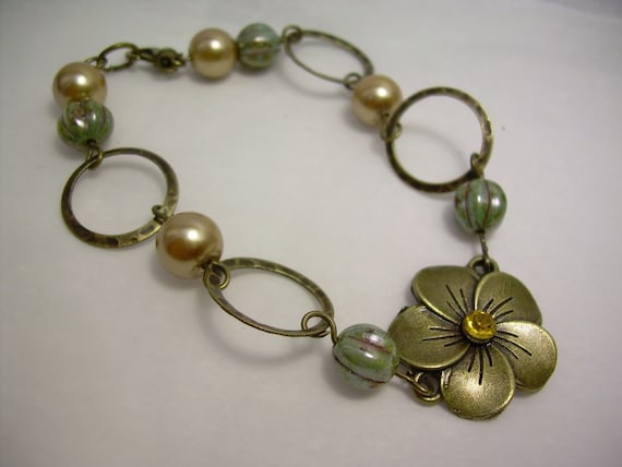 Antiqued Hammered Brass Circle and Flower Bracelet