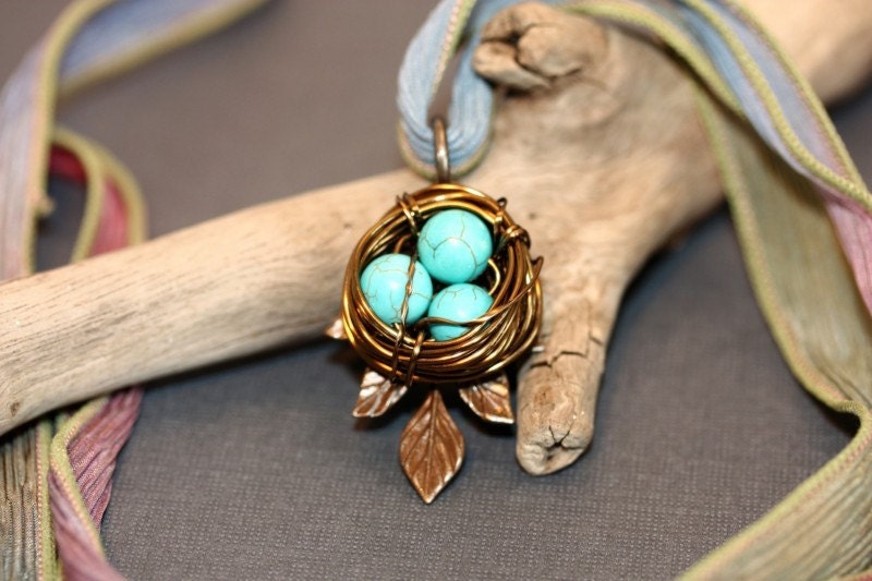 Handwoven Nest Necklace, Brass and Turquoise