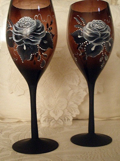 Hand Painted Wine Glasses and Black Roses
