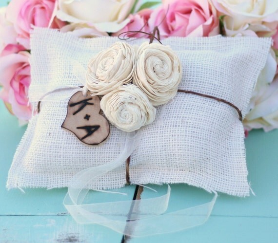 Vintage Antique Style Paper Roses Rustic Spring Summer Woodland Wedding Shabby Chic Burlap Ring Bearer Pillow With Personalized Engraved Monogrammed Wood Heart Charm