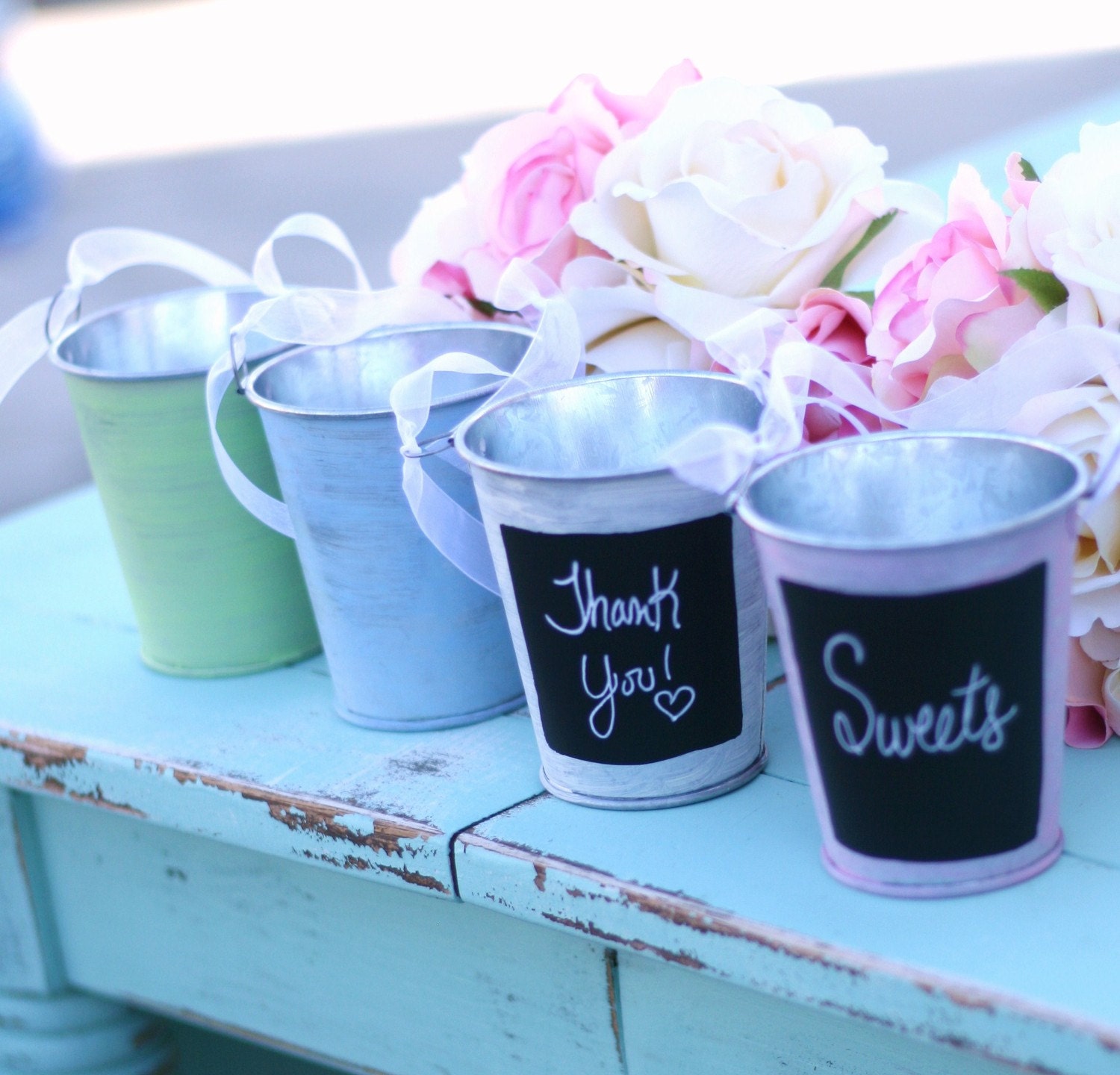 SET of 50 Spring Summer You Pick The Color Pink Blue Green Ivory Tins With Chalkboard Fronts Guest Favors Candy Bar Outdoor Vintage Circus Shabby Chic Wedding Decorations