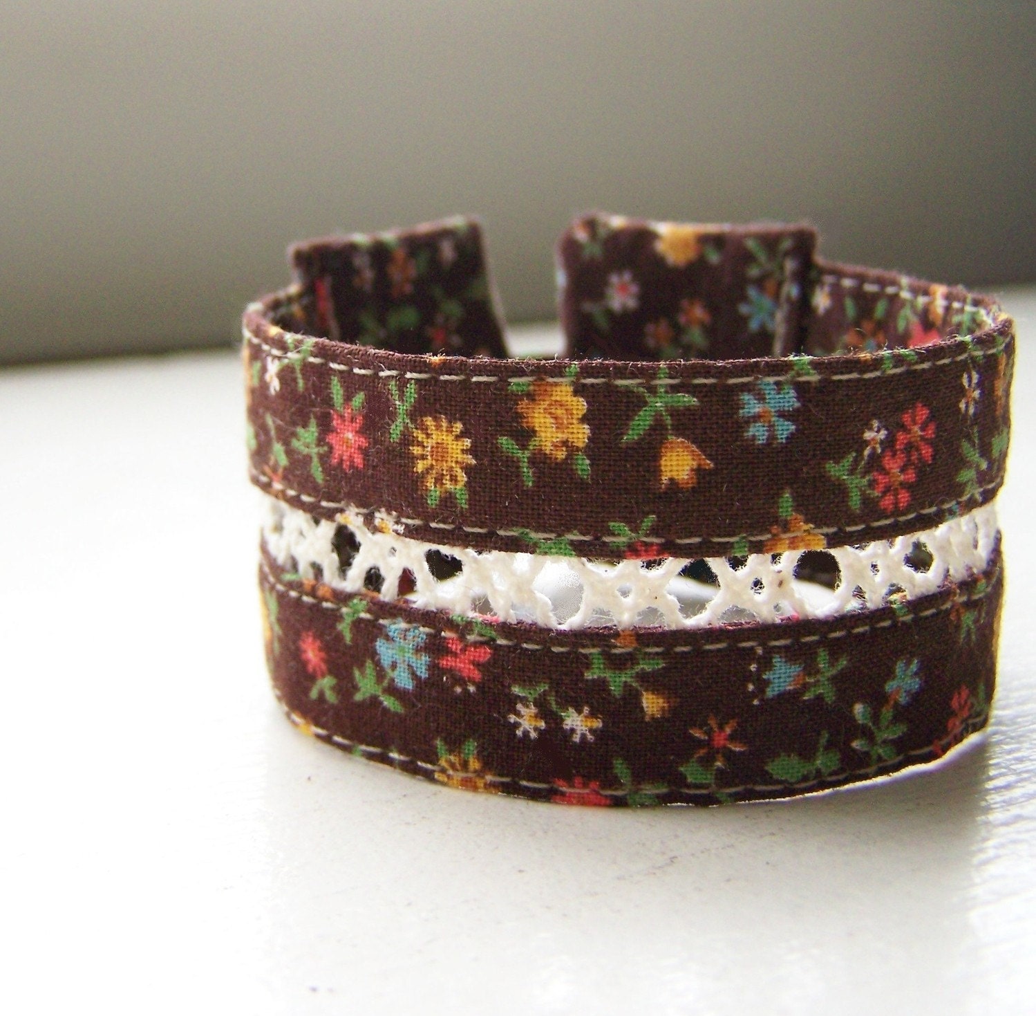 Double strand cuff bracelet in vintage calico and crocheted lace READY TO SHIP
