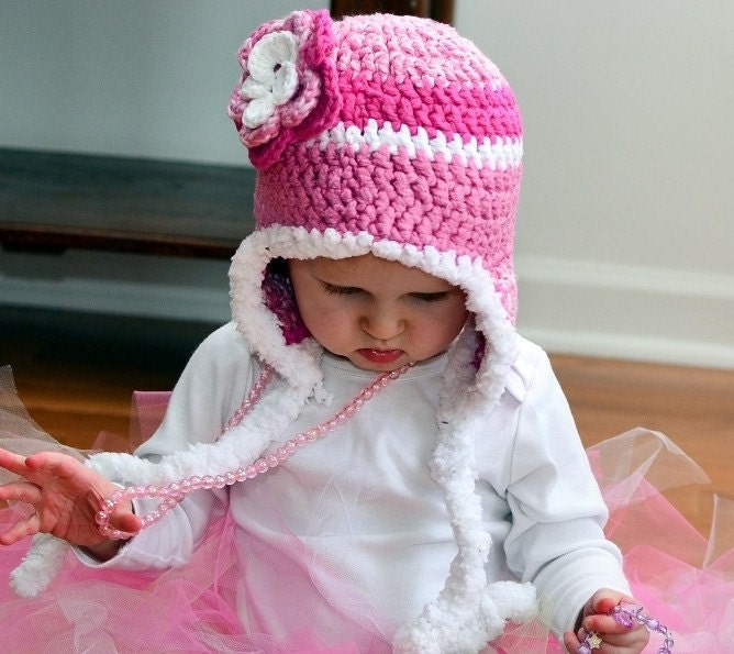 Ear-flap hat with faux-fur trim and detachable 3 tier flower - size 12 to 24 months