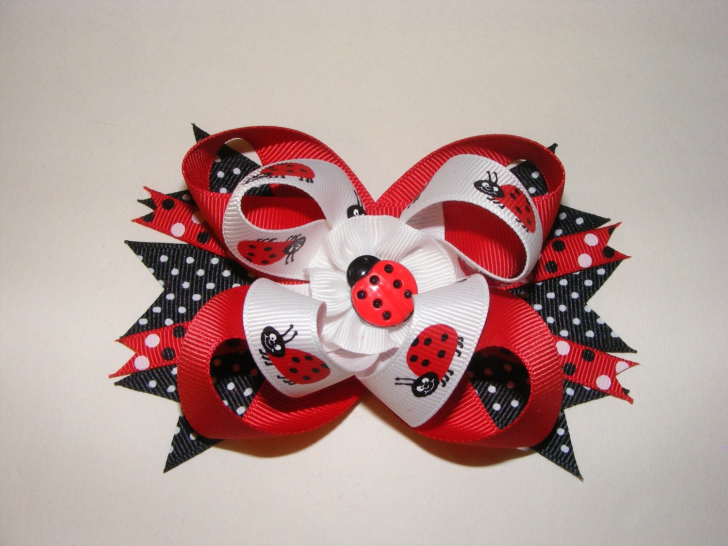 Red, White, and Black Grosgrain Ribbons Lady Bugs Hair Bow