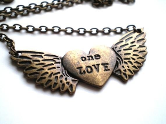 Antique Brass Stamped Charm Necklace, One Love
