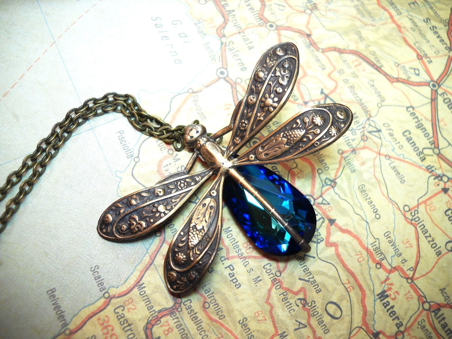 Mystical Dragonfly- Swarovski Bermuda Blue Crystal Antique Brass Necklace