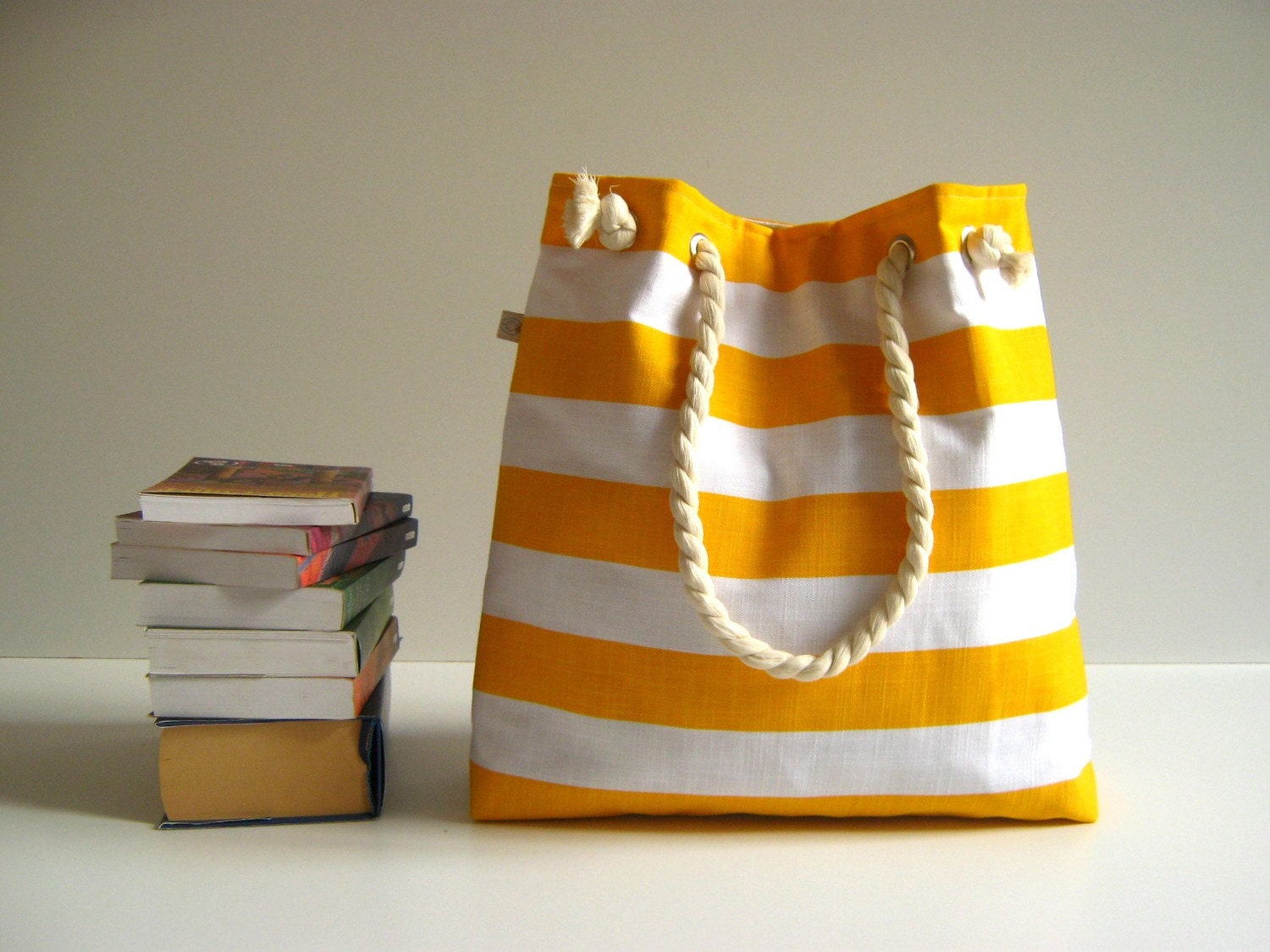 Sailor Tote Bag --for market or beach or gym-- -yellow and white bold striped, X-Large and cotton rope straps-