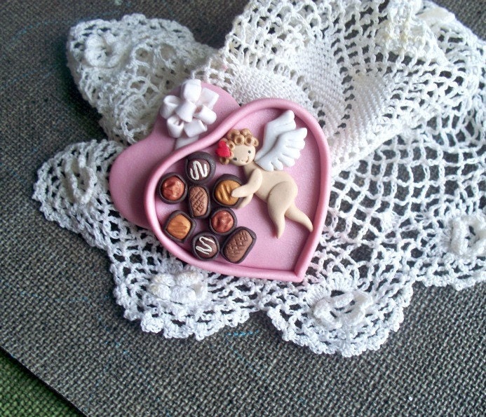 A Valentine Cupid Candy Box Brooch Clay BY Raquel PINLADY
