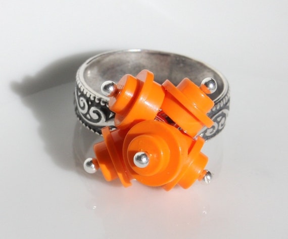 Orange LEGO LOVE Ring sterling silver band size 8
