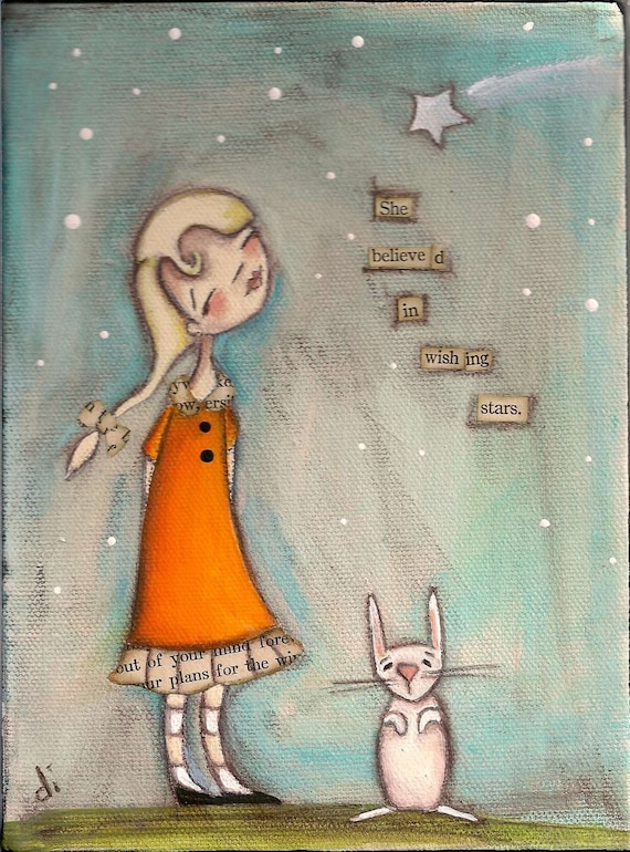 PRINT Of my original folk art painting - She Believed in Wishing Stars - Duda Daze