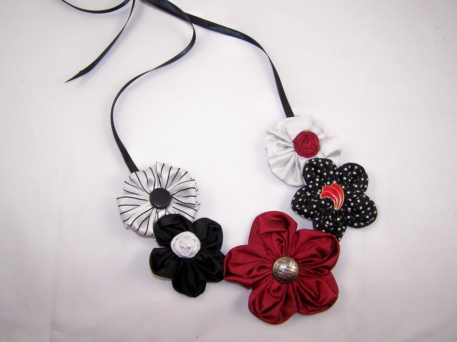 Ruby Tuesday Flower Cluster Necklace with Vintage Earrings and Buttons