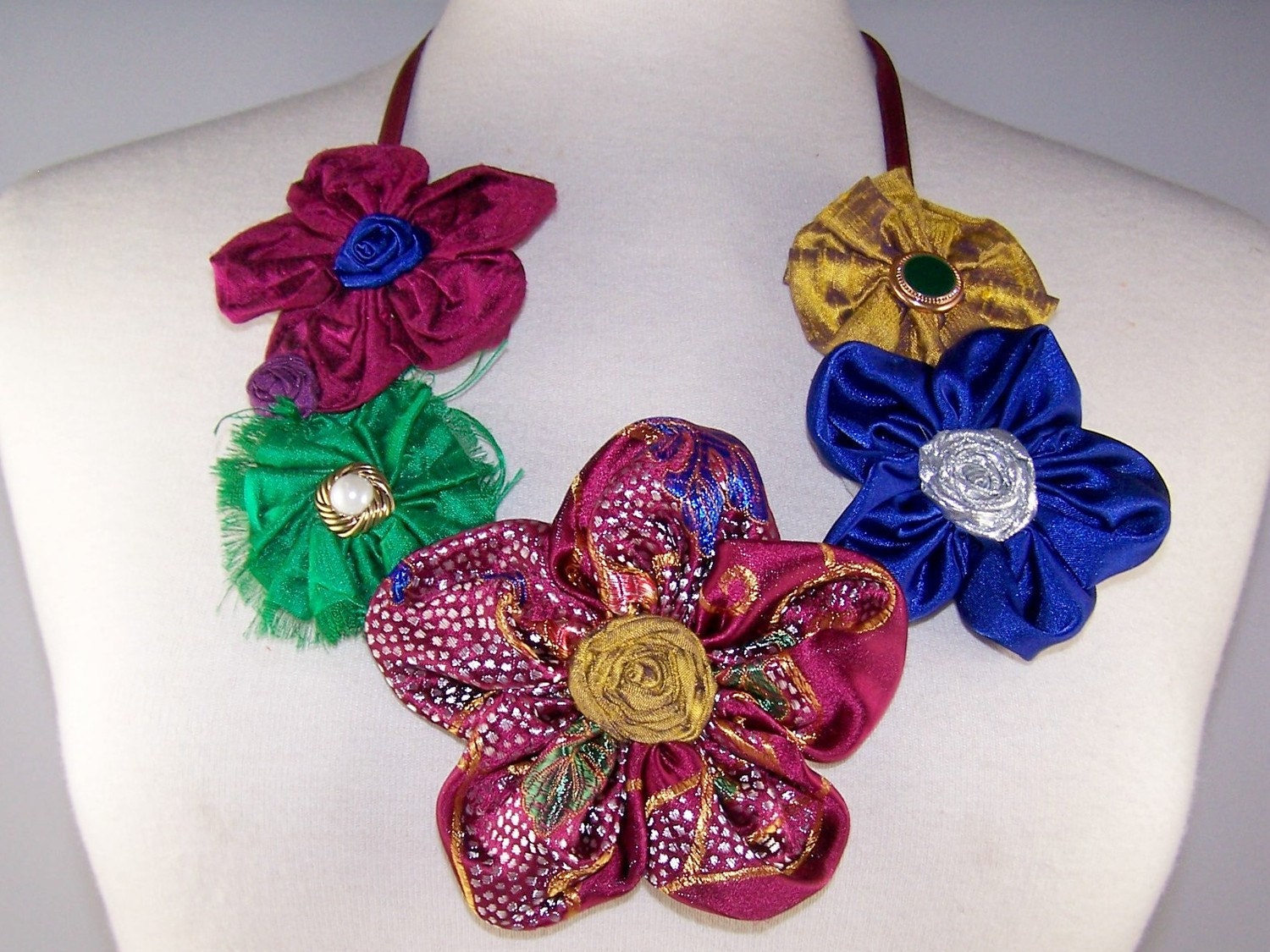 Jewel Toned Flower Cluster Necklace with Vintage Earrings and Buttons
