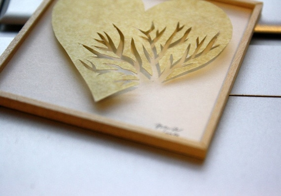 Miniature Shadowbox Paper Wall Art, "Heart Cracked" in Yellow made for 1:12 Scale Dollhouses