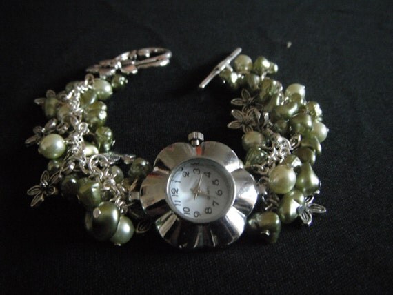 Green and Silver Bead and Charm Watch