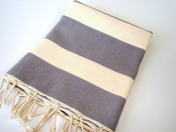 Best Quality Hand Woven Turkish Cotton Bath Towel or Sarong-Natural Cream and Grey
