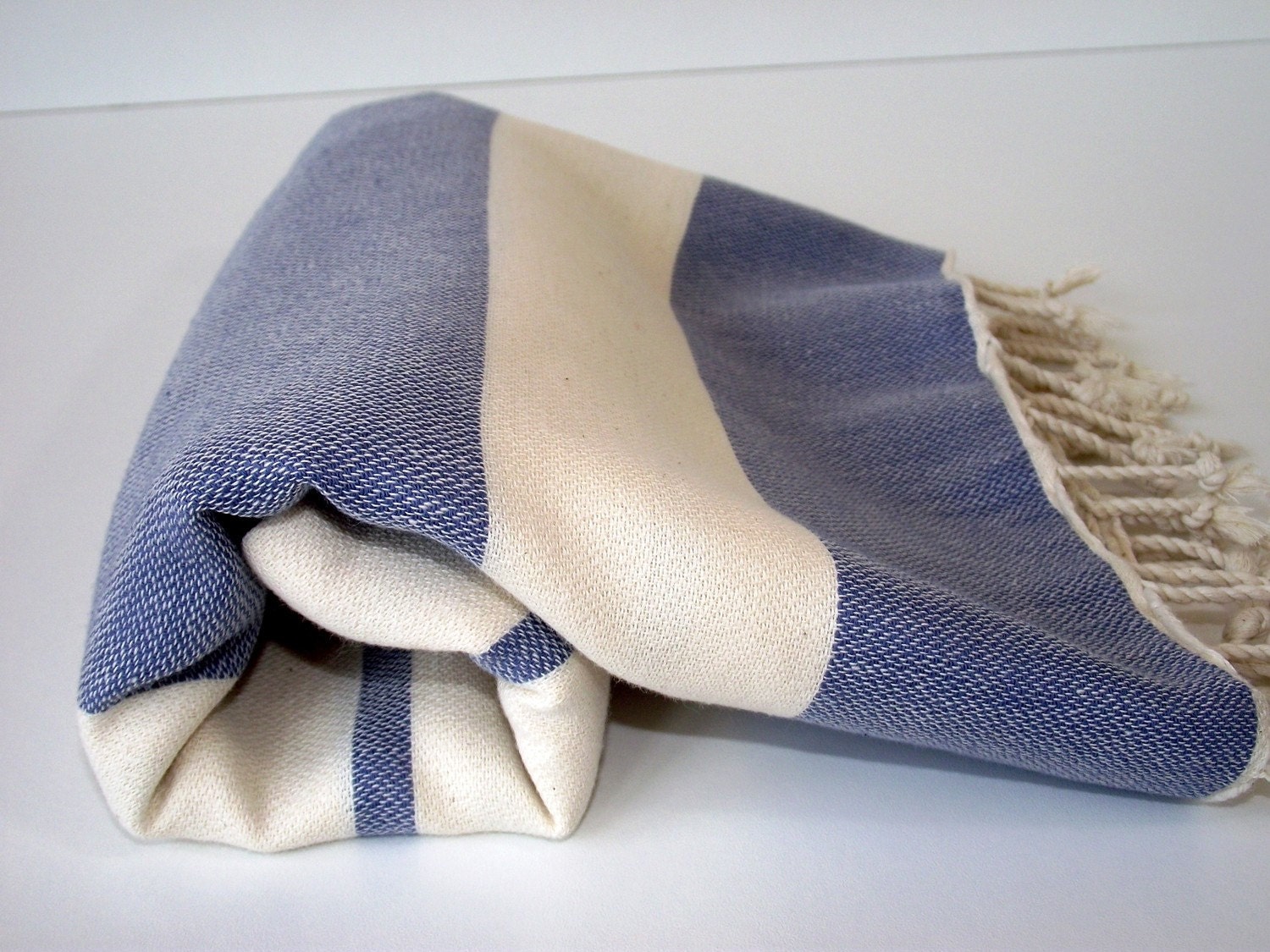 Best Quality Hand - Woven Turkish Cotton Bath Towel or Sarong-Natural Cream and Navy Blue