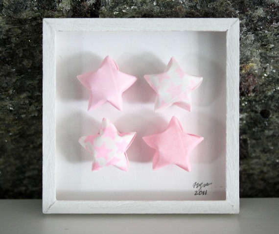 iniature Origami Paper Wall Art, "4 Stars" in Pink, Shadowbox Framed in White 1:12 Scale Dollhouses