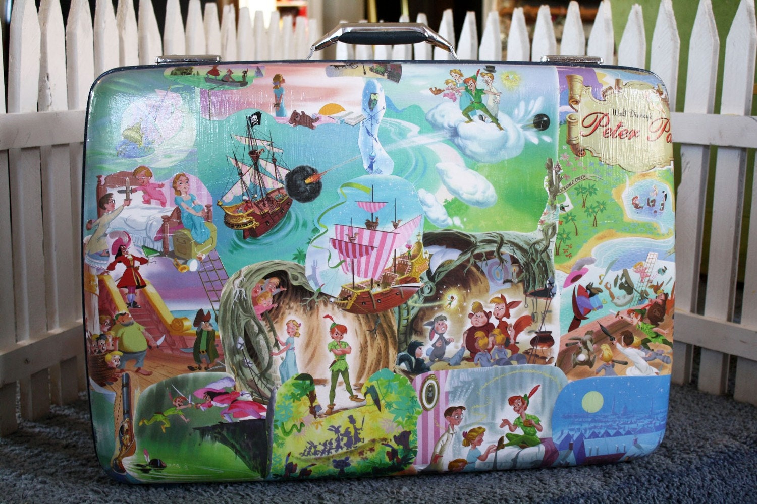 Decoupaged suitcase Peter Pan Tinker Bell Mercy Watson pig FREE shipping