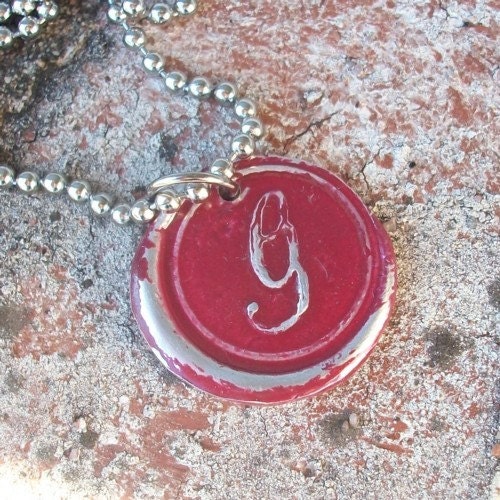 Custom Wax Seal Initial Necklace In Rustic Red