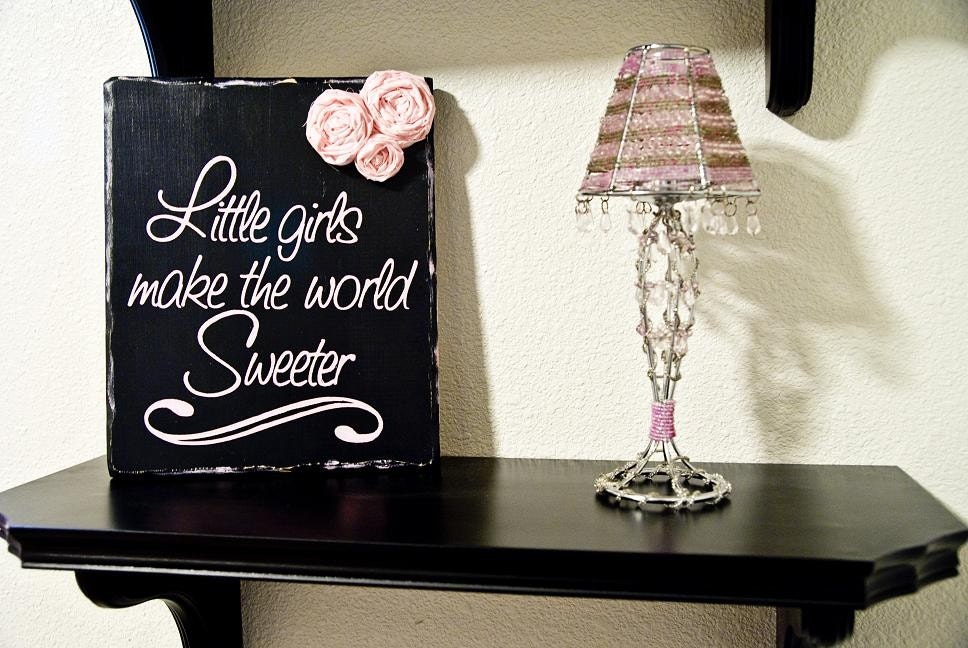 Little Girls Make the World Sweeter - With Pink Fabric Rosettes....Distressed Shabby Chic Wall Sign...Solid Wood...Pink and Black