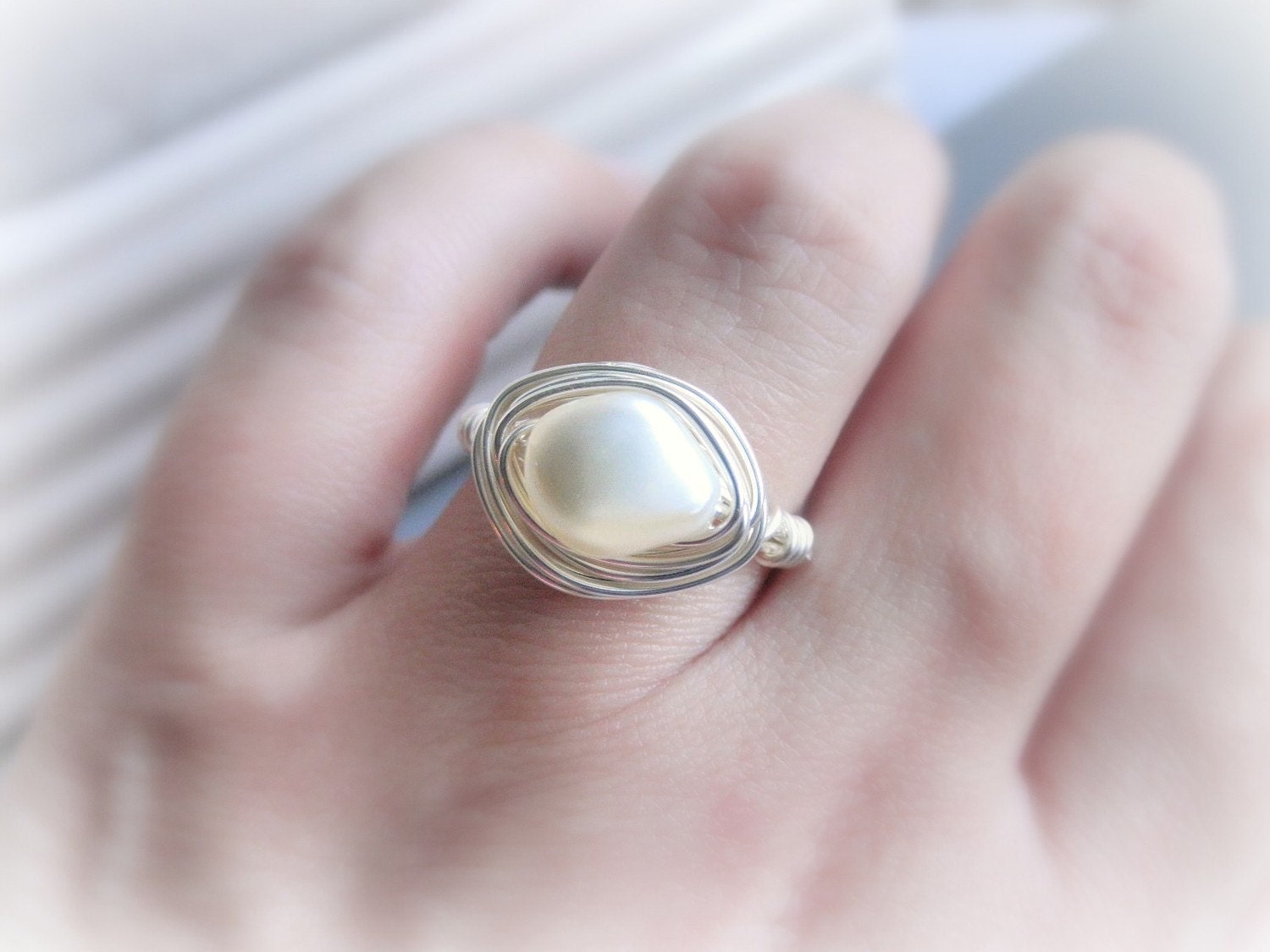 Wire Wrapped Wedding Ring Size 7. 5 - Swarovski Curved Pearl, Cream, White, Ivory, Beige, Bright, Bride, Bridal, Simple, Cute, Classic, Romantic, Lovely