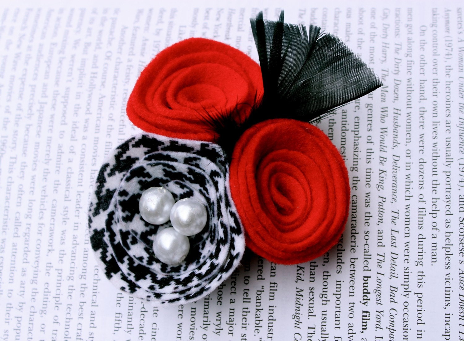 Vintage Inspired Houndstooth & Red Rosettes with Feathers and Pearls Headband/Brooch