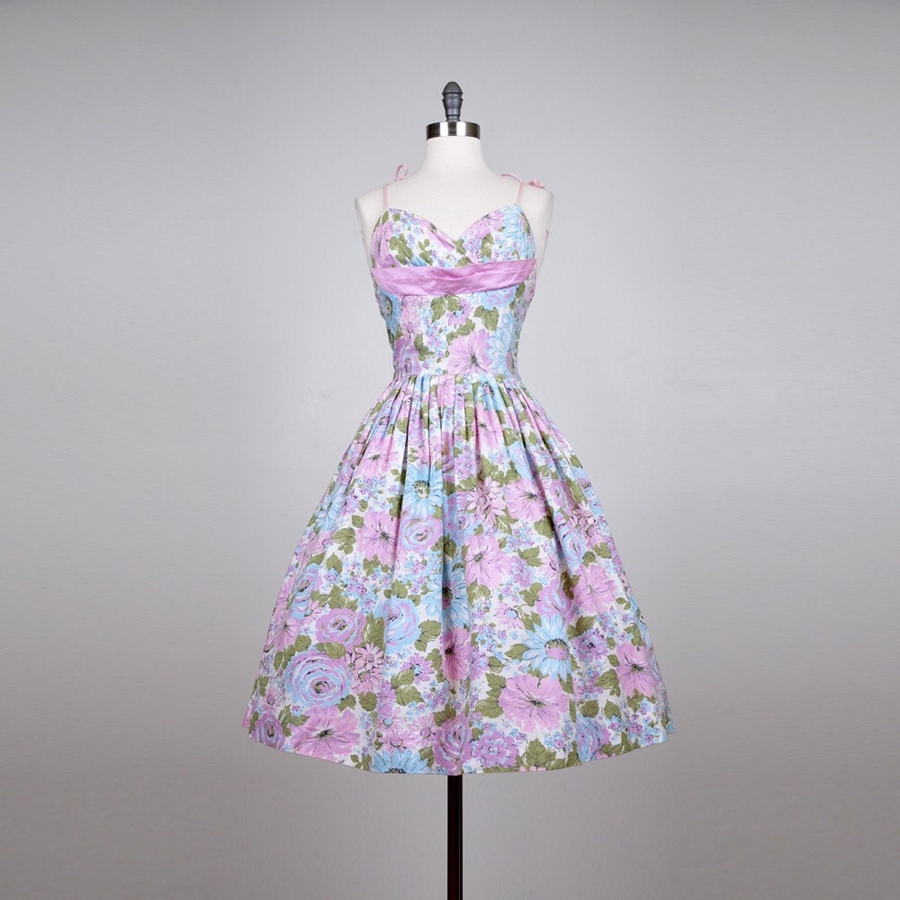 vintage 1950's party dress- FIRST BLOOMS printed cotton