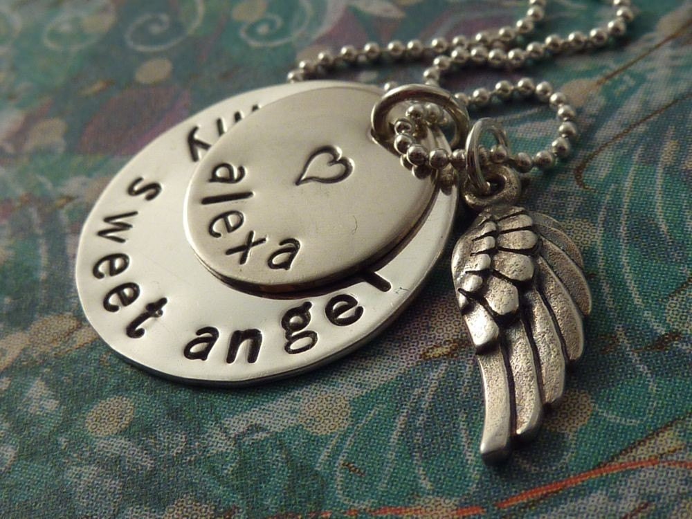 Silver Angel Wing Charm Personalized Necklace in Sterling with Baby Name