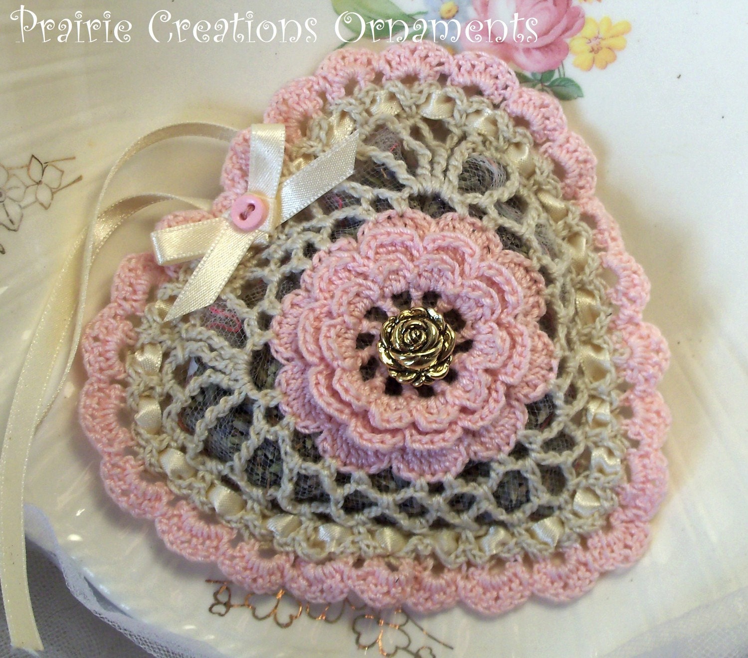 Hand Crocheted Cream & Pink Heart Ornament Sachet