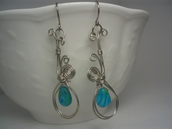 Four Swirls and Blue Drop Fashion earrings