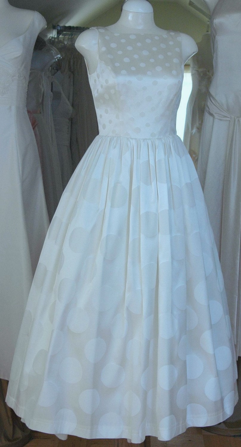 Polka Dot 50's Style Tea Length Wedding Dress, One-of-a-kind