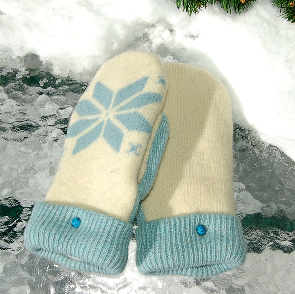 Snowflake and Cream Colors, Felted Wool Mittens recycled from wool sweaters