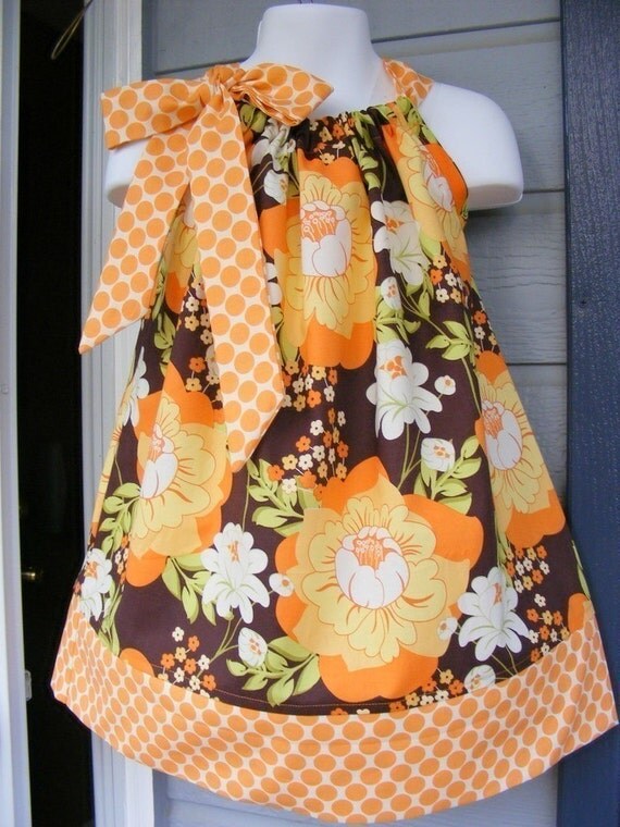 Custom Made Pillowcase Dress-0-8 years old-SandiHenderson Meadowsweet-Splashy Rose and Amy Butler Full Moon Polka Dot Tangerine