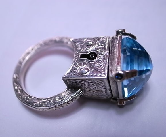 Engraved Topaz Locking Poison Ring with Key on Chain