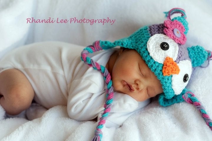 Baby Girl Owl Hat- Newborn-Adult- Made to Order, Blue, Purple, Pink