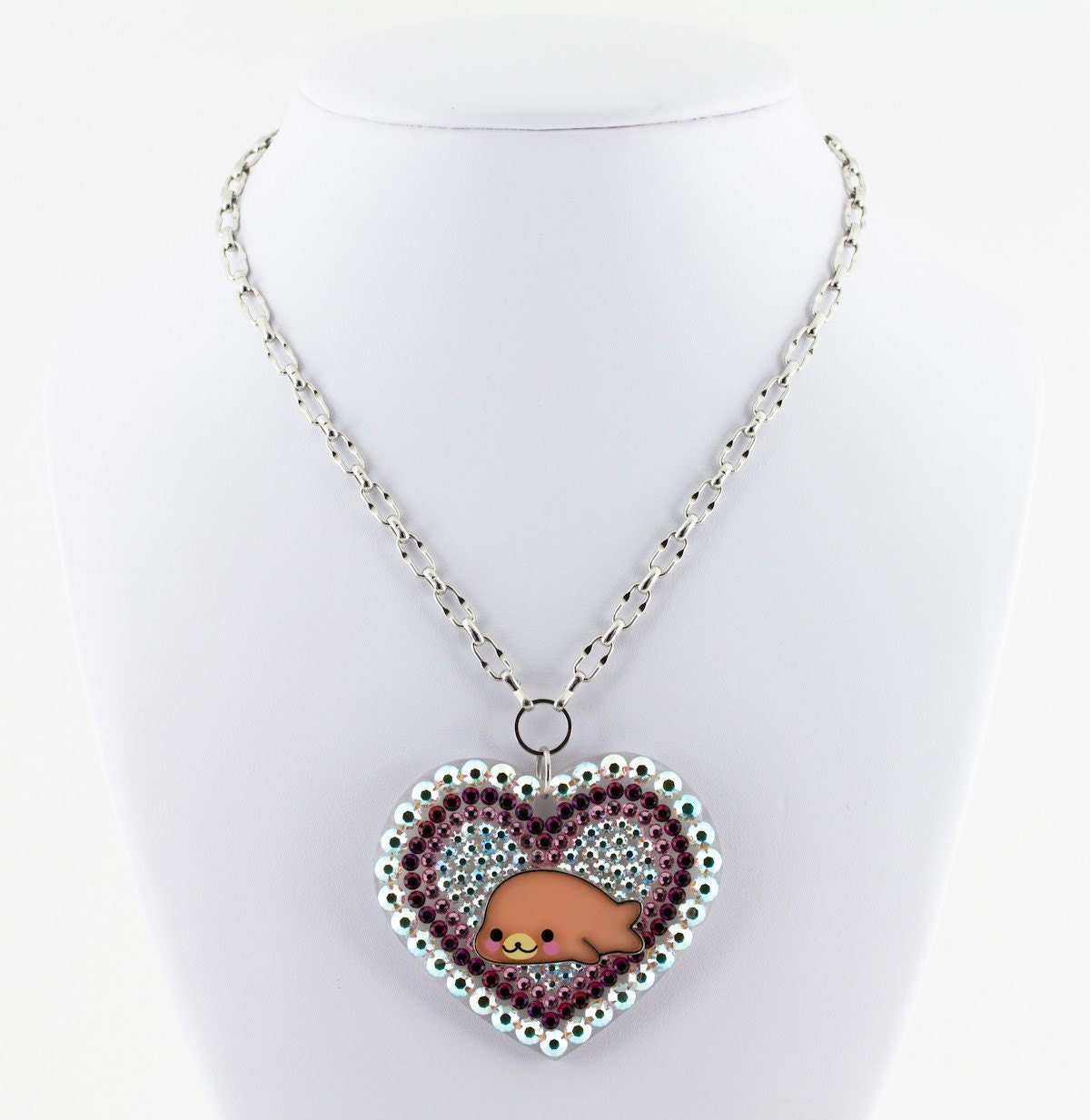Huge Bling Mamegoma Happy Seal Swarovski Crystal Heart Pendant on funky rhodium plated chain cute japanese lolita style/inspired