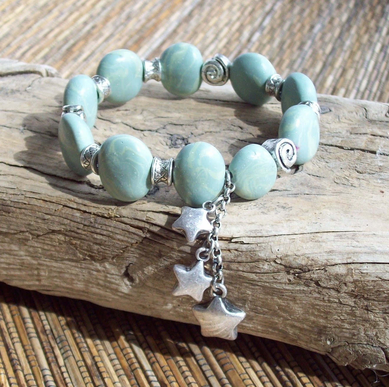 Light Turquoise Pebble Bracelet with Stars/ FREE SHIPPING