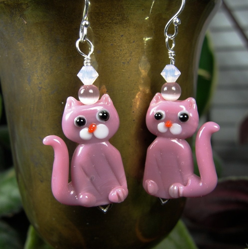 pink kitty earrings sterling silver